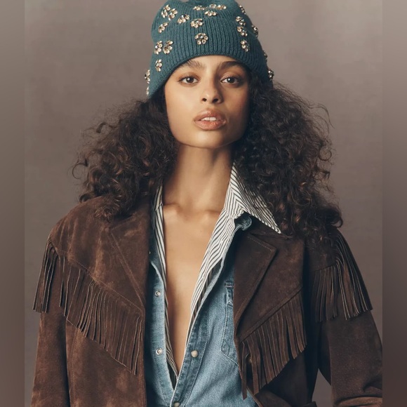 Anthropologie Embellished Cristal Knit Beanie Teal - Picture 3 of 7